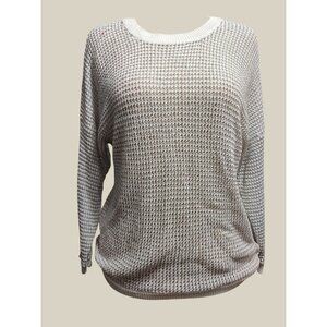 APT 9 L Womens Sweater White Silver Metallic Knit Sheer Pullover Shimmer Top
